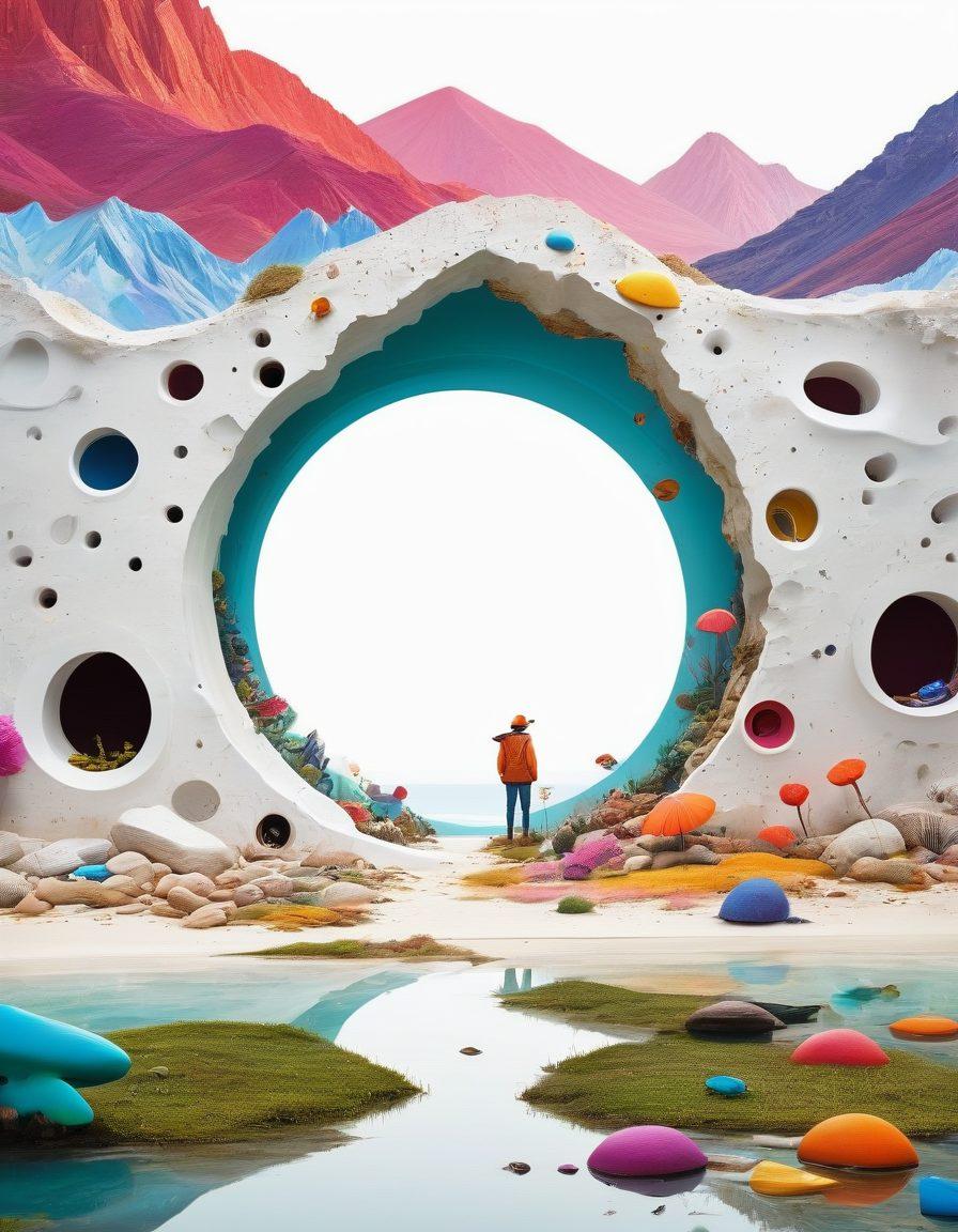 A whimsical landscape featuring quirky, colorful holes in varying sizes, each representing different blogging themes like travel, food, and art. A character can be seen peeking into these holes with a curious expression, as viral social media icons float around. The background is a mix of vibrant colors, symbolizing creativity and inspiration, with a hint of surrealism. super-realistic. vibrant colors. white background.