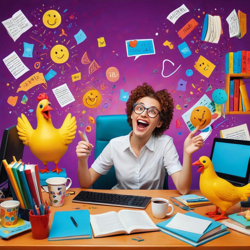 A whimsical scene depicting a cheerful writer at a colorful desk overflowing with humorous props like a rubber chicken, funny books, and a quirky coffee cup, while giggling at a computer screen showcasing vibrant text bubbles with jokes. The background should be filled with lively illustrations of laughing emojis and cartoon characters to evoke a sense of joy and creativity. super-realistic. bright colors. playful style.