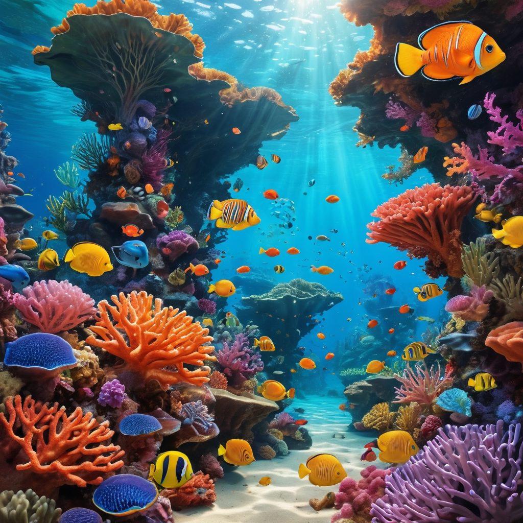 A whimsical underwater scene filled with vibrant coral reefs shaped like various humorous holes, each featuring playful sea creatures peeking out, with bubbles rising and sparkling sunlight filtering down from above. Include a couple of cartoonish fish wearing comical expressions as they explore. The atmosphere should be lively and bright, evoking laughter and curiosity. super-realistic. vibrant colors. 3D.